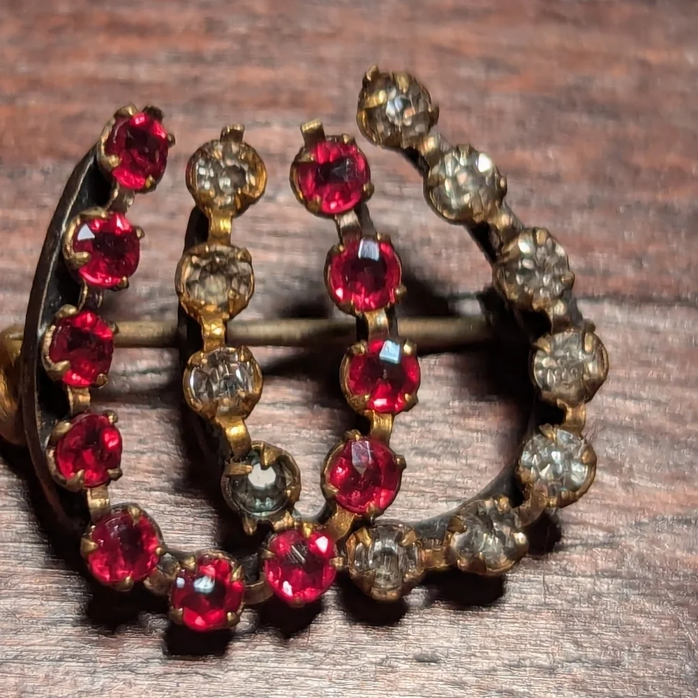 Vintage Gold and Black Brooch Red Clear Rhinestones horseshoe equestrian
